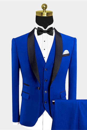 Modern Blue One Button Groom Set | Black satin shawl men's wedding suit