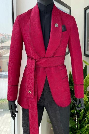 Modern Red Shawl Lapel Two Pieces Jacquard Wedding Suits | Prom Suits with Belt
