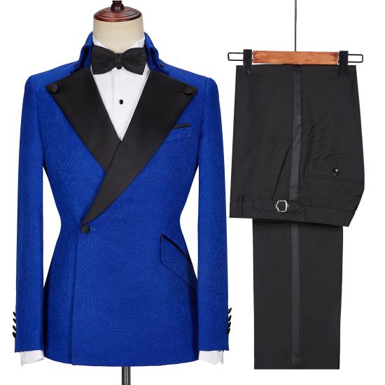 Fashionable New Blue Jacquard Black Lapel One Button Men's Wedding Suit_4