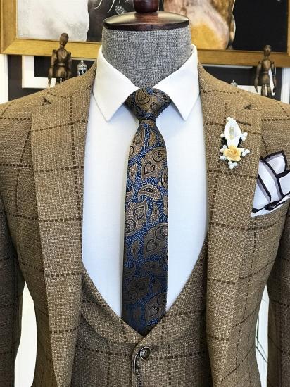 Newest Brown Plaid Peaked Lapel Three Pieces Busibess Men Suits | Happnessmall_3