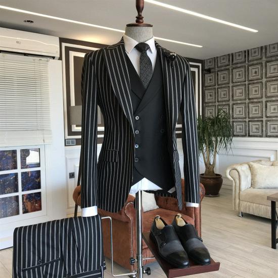 Popular Black And White Striped 3-pieces Peaked Lapel Suits For Men | Happnessmall_2