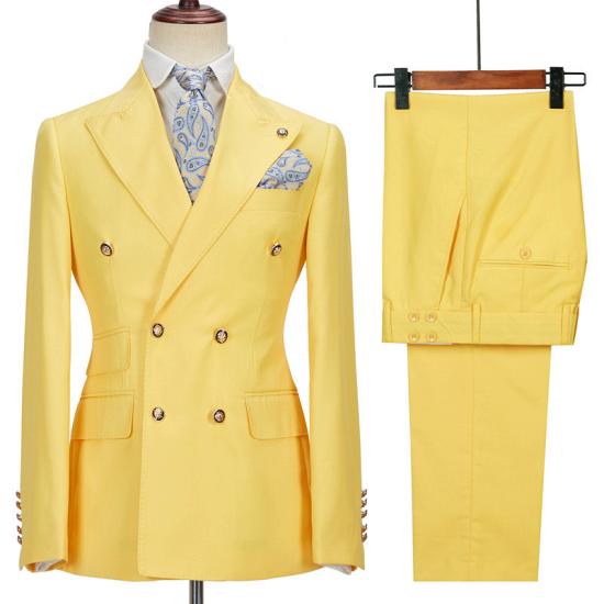 Chic Yellow Double Breasted Peaked Lapel Slim Fit Bespoke Men Suits_3