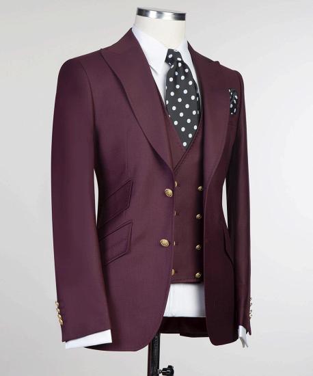 Sterling Popular Burgundy Three Pieces Slim fit Peaked Lapel Men Suits_3