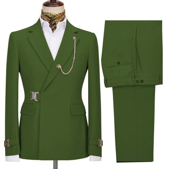 Fashion Green Special Button Notched Lapel Two Pieces Men Suits with Buckle_2