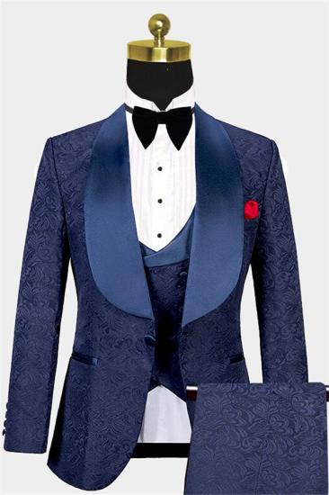 Fashion Navy Blue Three Pieces Jacquard Huge Shawl Lapel Bespoke Men Suits For Prom | Wedding