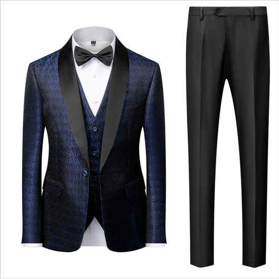 Deep Sea Army Blue Satin Men's Wedding Tailcoat | Black Lapel Jacquard Men's Ball Suit_2