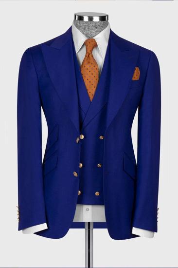 Popular Royal Blue 3 Piece Peaked Lapel Slim Fit Men Suits With Classic Vest_1