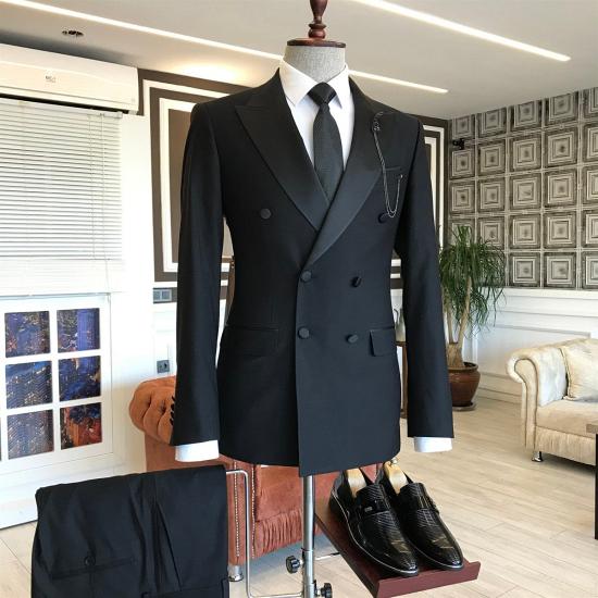 Fashion Black Double Breasted Peaked Lapel Men Suits  | Happnessmall_2