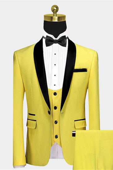 Unique bright yellow one button groom's wedding | Black satin lapel shawl ball set