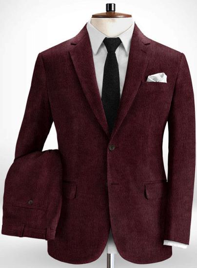 New Arrival Burgundy Corduroy Striped Prom Men Suits_2