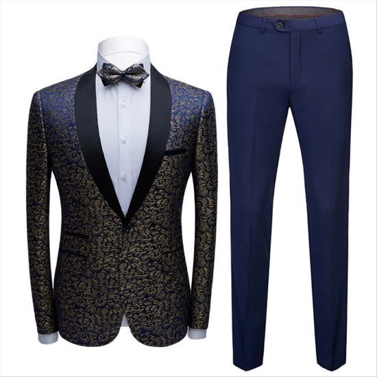 Popular Black Satin Shawl Lapel Wedding Tuxedos | Gold Jacquard Blue Mens Prom Suits_3