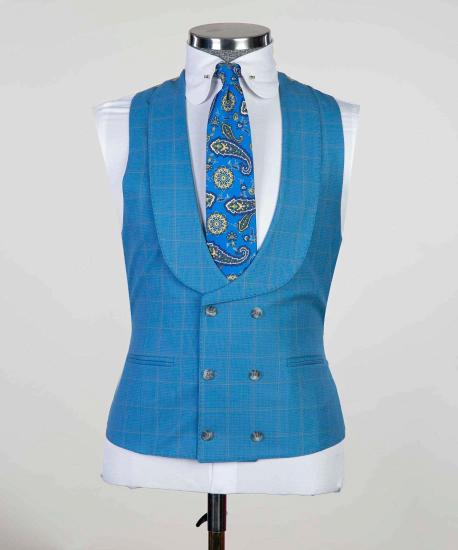 Unique Blue Plaid Three Pieces Peaked Lapel Men Suits For Business_2