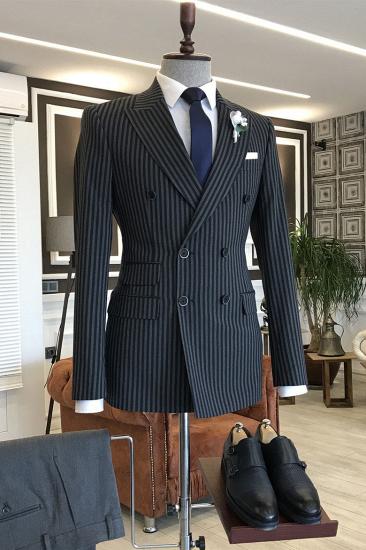 Classic Black Striped Double Breasted Peaked Lapel Business Suits | Happnessmall