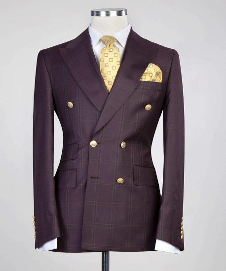 Popular  Bugundy Plaid Double Breasted Best Fitted Men Suits_4