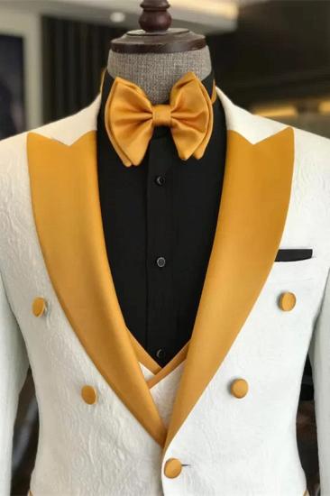 Chic White Three Pieces Prom Suits With Gold Peaked Lapel | Happnessmall_2