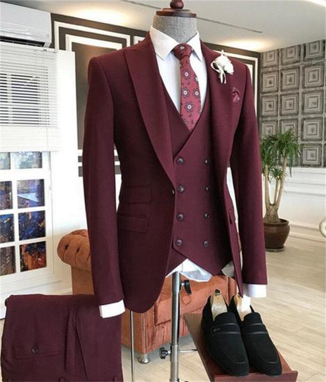 Penelope Popular Burgundy Peaked Lapel Three Pieces Men's Suit_2