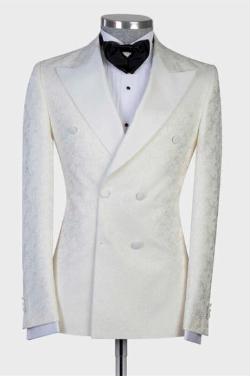 Glamorous White Jacquard Double Breasted Peaked Lapel Wedding Suit for Men