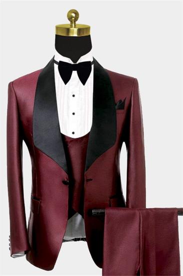Chic Burgundy Three Pieces Men Suits | Black Shawl Lapel Tuxedo Online