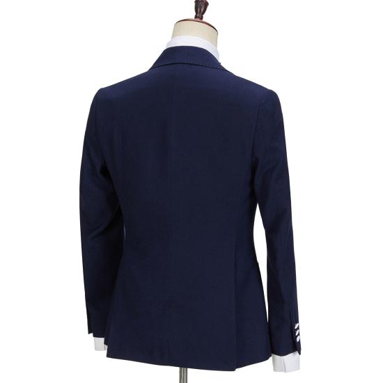 Stylish Navy Blue Slim Fit Peaked Lapel  Three Pieces Men suits | Happnessmall_3
