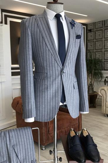 Stylish Gray Striped Peaked Lapel Slim Fit Formal Business Men Suits