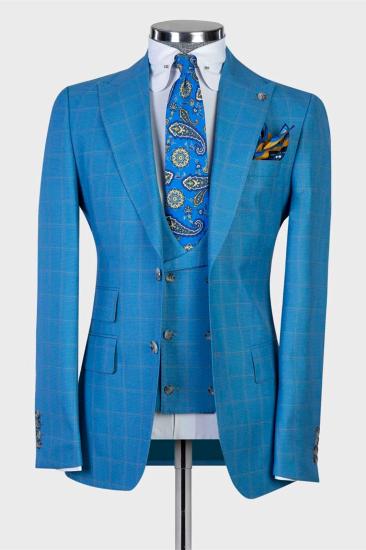 Unique Blue Plaid Three Pieces Peaked Lapel Men Suits For Business