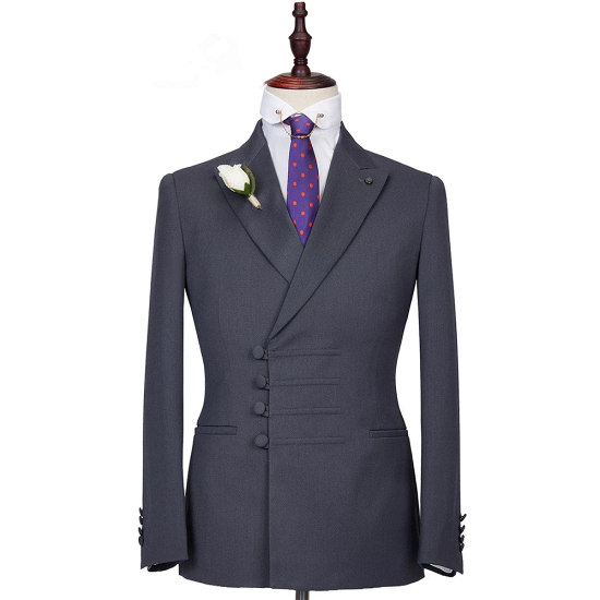 Elegant Shape Dark Gray Slim Fit Peaked Lapel Buckle Men Formal Suits_2