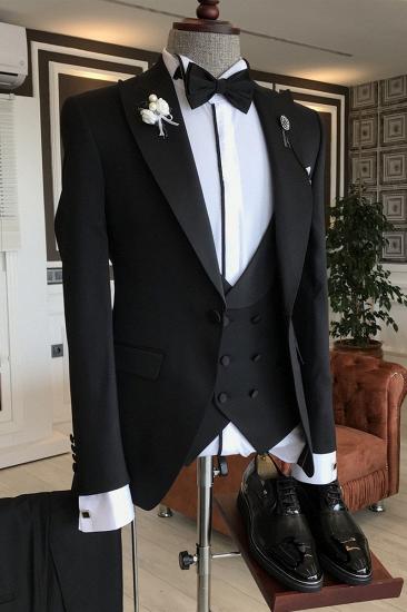 Finn Classic 3-pieces Black Peaked Lapel Slim Fit Men Business Suit_1