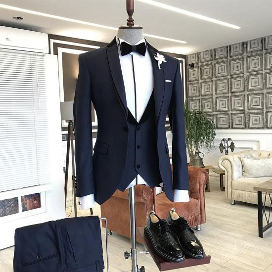 Chic Navy Blue 3-Pieces Notched Lapel One Button Slim Fit Business Men Suits_2