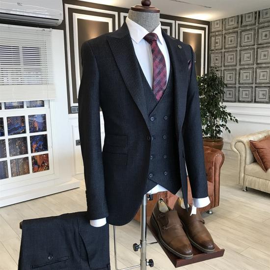 Valtor Traditional All Black Velvet Peaked Lapel Double Breasted Waistcoat Custom Business Suits For Men_2