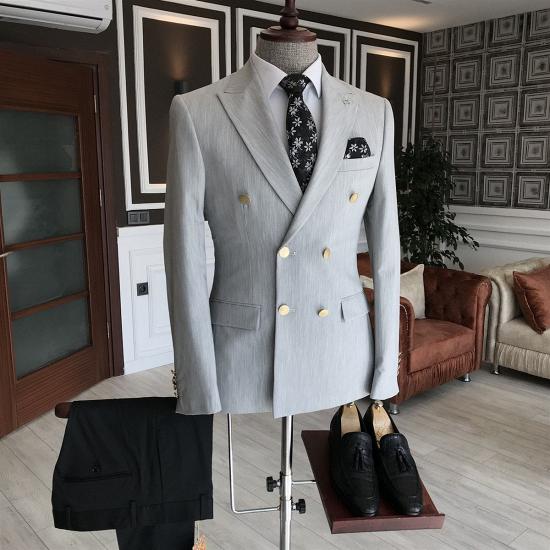 Stylish Light Gray Silver Peaked Lapel Double Breasted Business Men Suits | Happnessmall_2