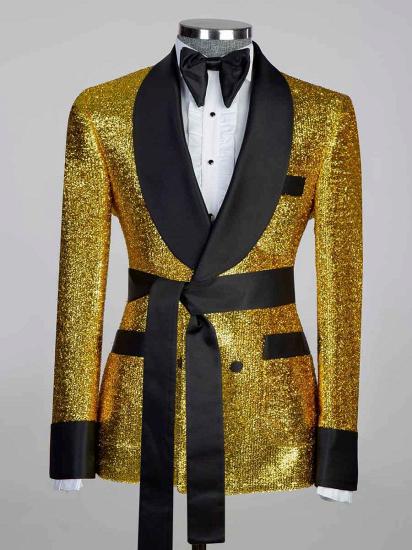 Glamorous Gold Double Breasted Black Shawl Lapel Man Prom Suits With Adjustable Belt