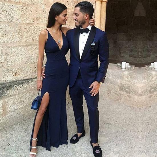 Hugo Elegant Dark Blue Two-Piece Prom Men Suits with Black Lapel_2