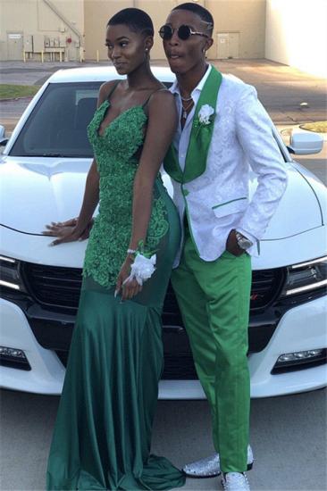 Beckett Chic White One Button Jacquard Prom Men Suits with Green Lapel_1
