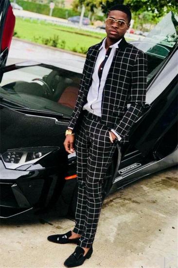Peregrine Popular Black Slim Fit Plaid Men Suits For Prom_1