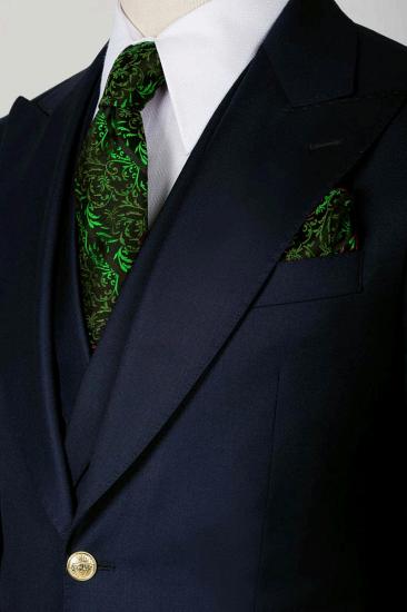 New Dark Blue 3 Piece Peaked Lapel Slim Fit Men Suits With Classic Vest_4
