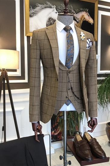 Newest Brown Plaid Peaked Lapel Three Pieces Busibess Men Suits | Happnessmall