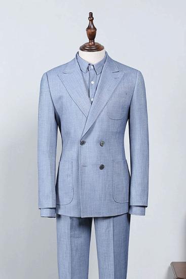 Fashion Sky Blue Plaid Peaked Lapel Tailored Business Suit