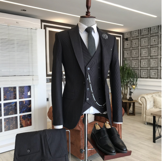 Martina All Black One Button 3-Pieces Peaked Lapel Tailored Suits For Men_2