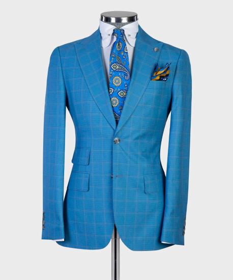 Unique Blue Plaid Three Pieces Peaked Lapel Men Suits For Business_5